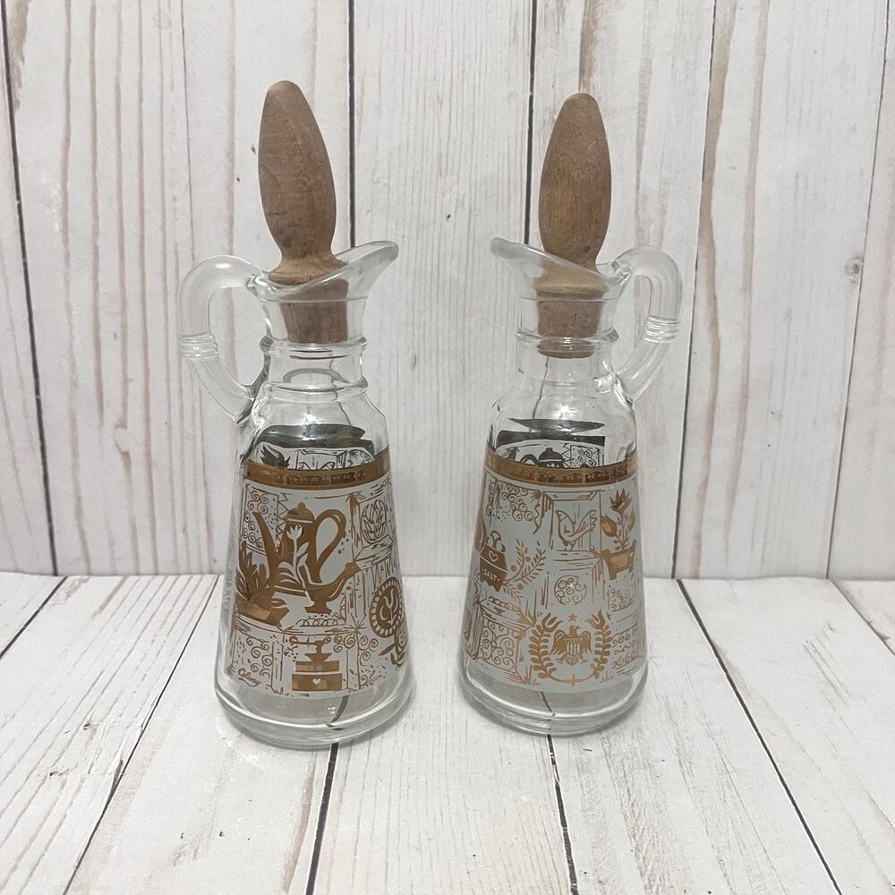 Vintage Colony Glass Oil & Vinegar Cruet Set Gold White MCM Kitchen